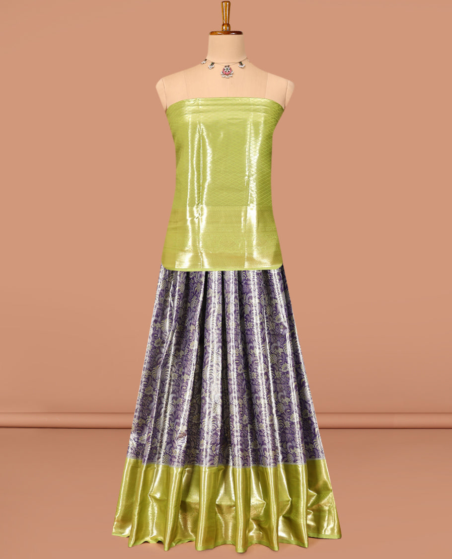 Grey-Violet Art Silk Material Half Saree Set Featuring a Jacquard Skirt, a Contrast Traditional Zari Design Border, Contrast Blouse, and Zari Designs Dhavani