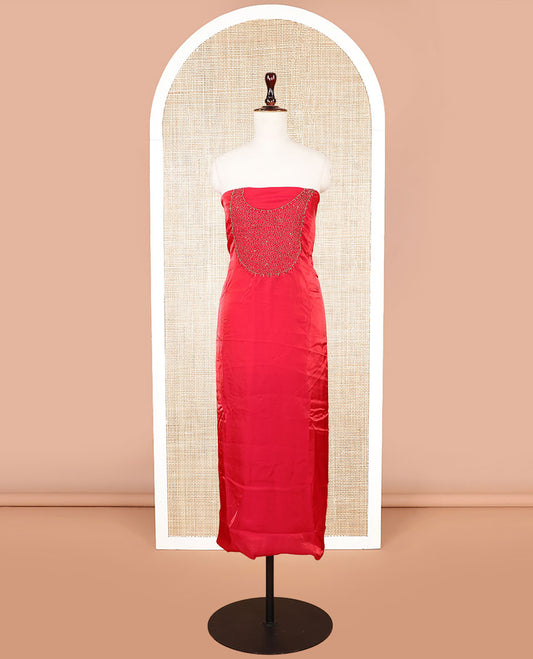 Red moti handwork velvet organza chudidhar material top with american crepe pant & one side handwork dupatta