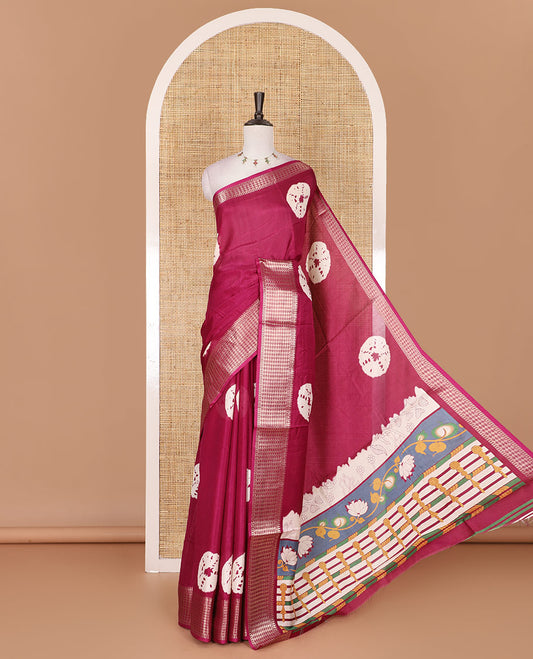 Maroon shibori printed dola silk saree, traditional zari border, printed pallu, and blouse of print, and zari work