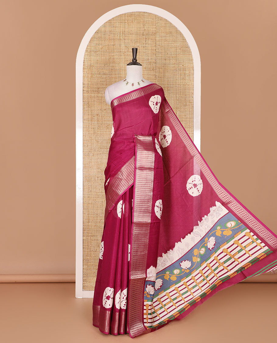 Maroon shibori printed dola silk saree, traditional zari border, printed pallu, and blouse of print, and zari work