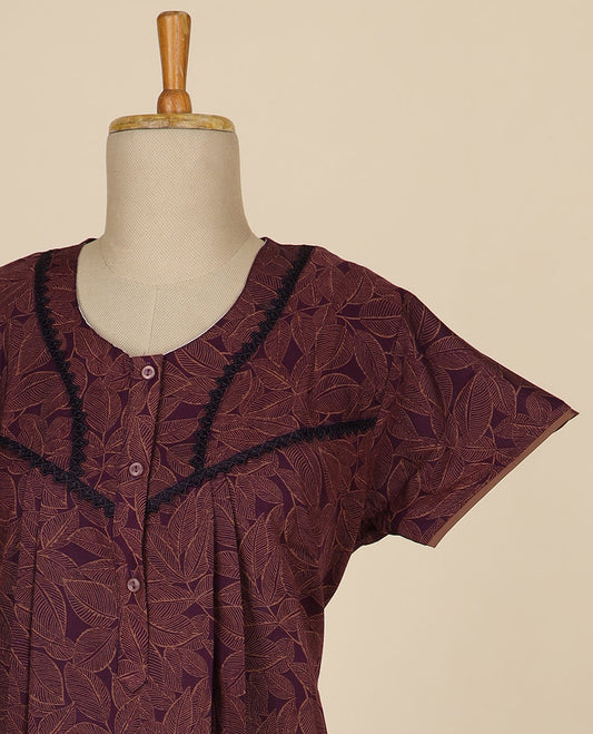 Maroon leaf printed & round neck with lace, cotton half sleeve nighty