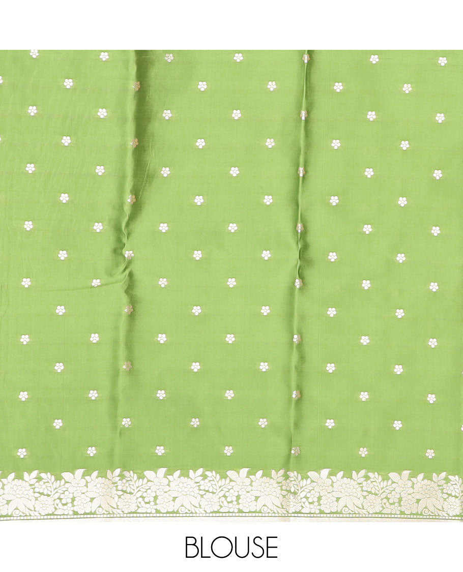 Green floral motifs design butter silk saree with self intricate zari design border & floral design pallu