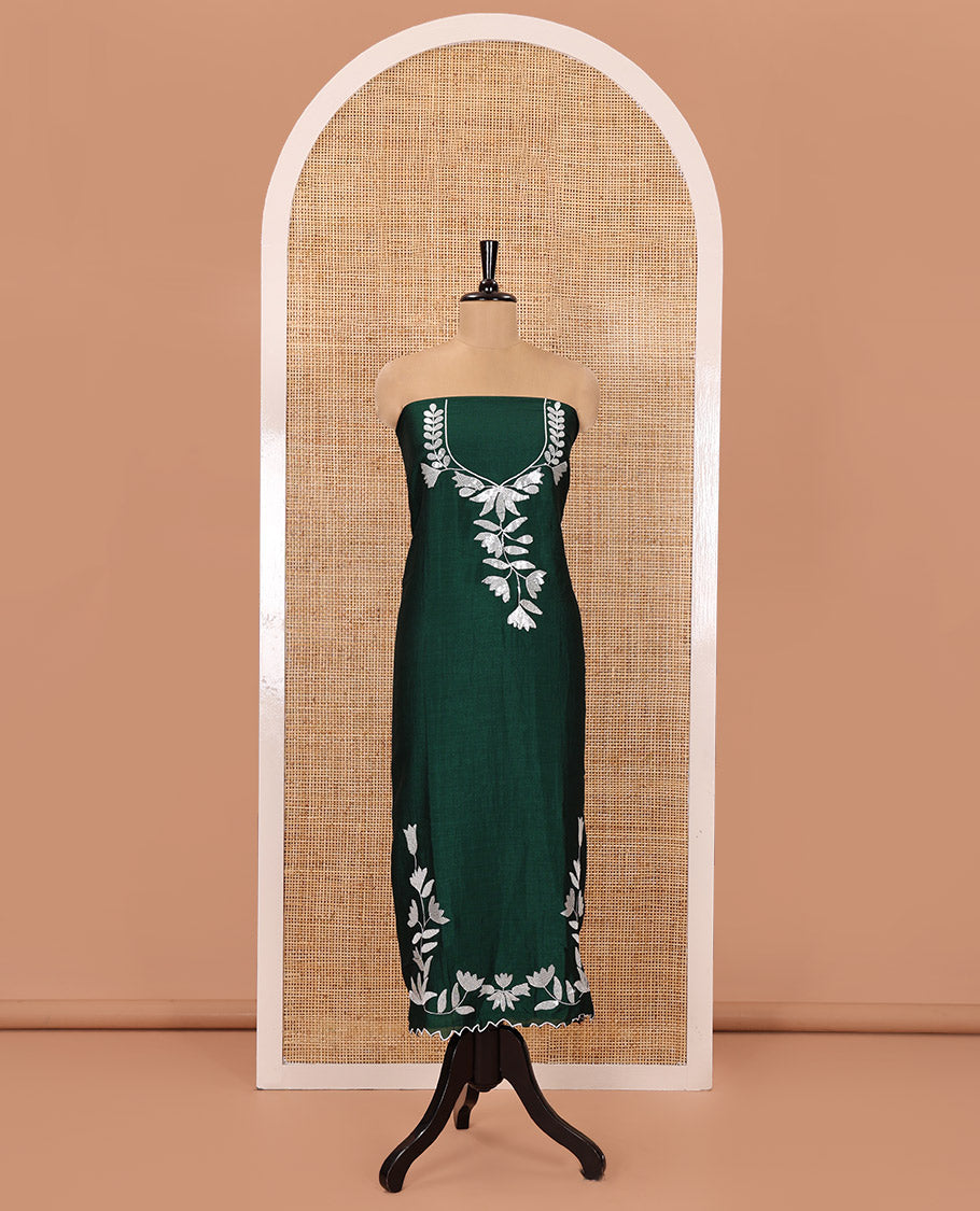 Bottle Green Material Churidar Set, Detailed with Floral Motifs Sequins-Thread Embroidered on Its Vichitra Silk Top, Comes with a Contrast Santoon Bottom, and Paired with a Vichitra Silk Floral Embroidered Scallop Dupatta
