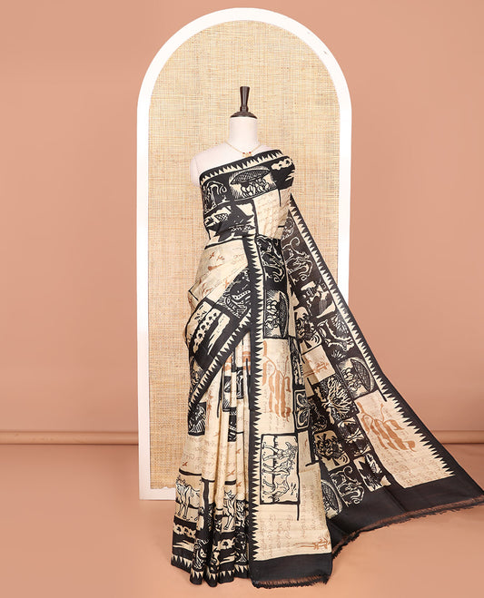 Sandal and black village-theme flora-fauna, and human motifs printed saree, temple border, and printed pallu