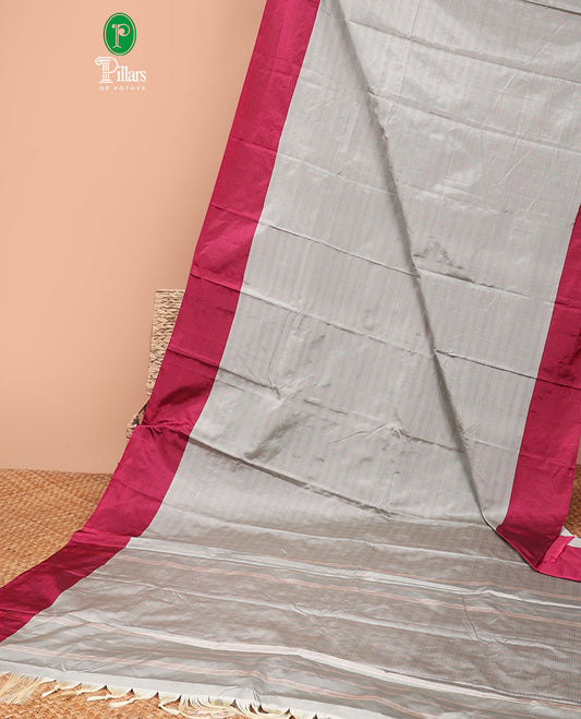 Grey allover vari ousi zari checks bhavasha silk saree with velthari design border & self lining, tussels pallu along with contrast plain blouse