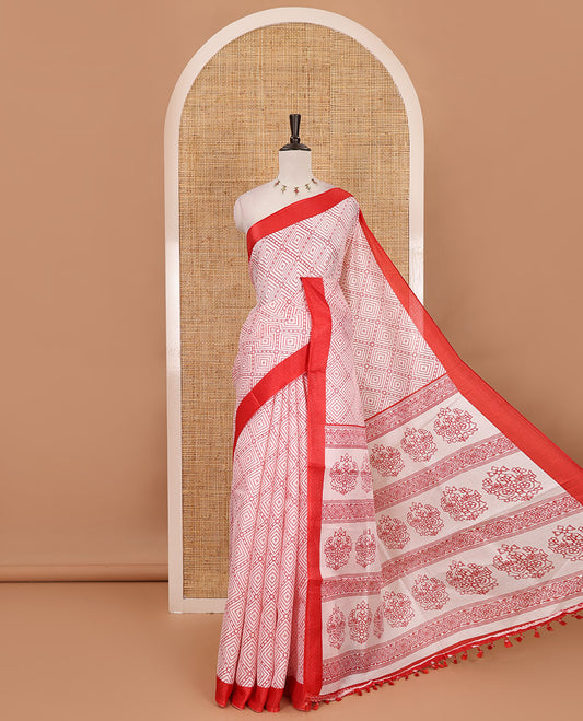 White-red diamond patterned khadi cotton saree, contrast plain border, intricate print pallu & contrast star motifs printed blouse