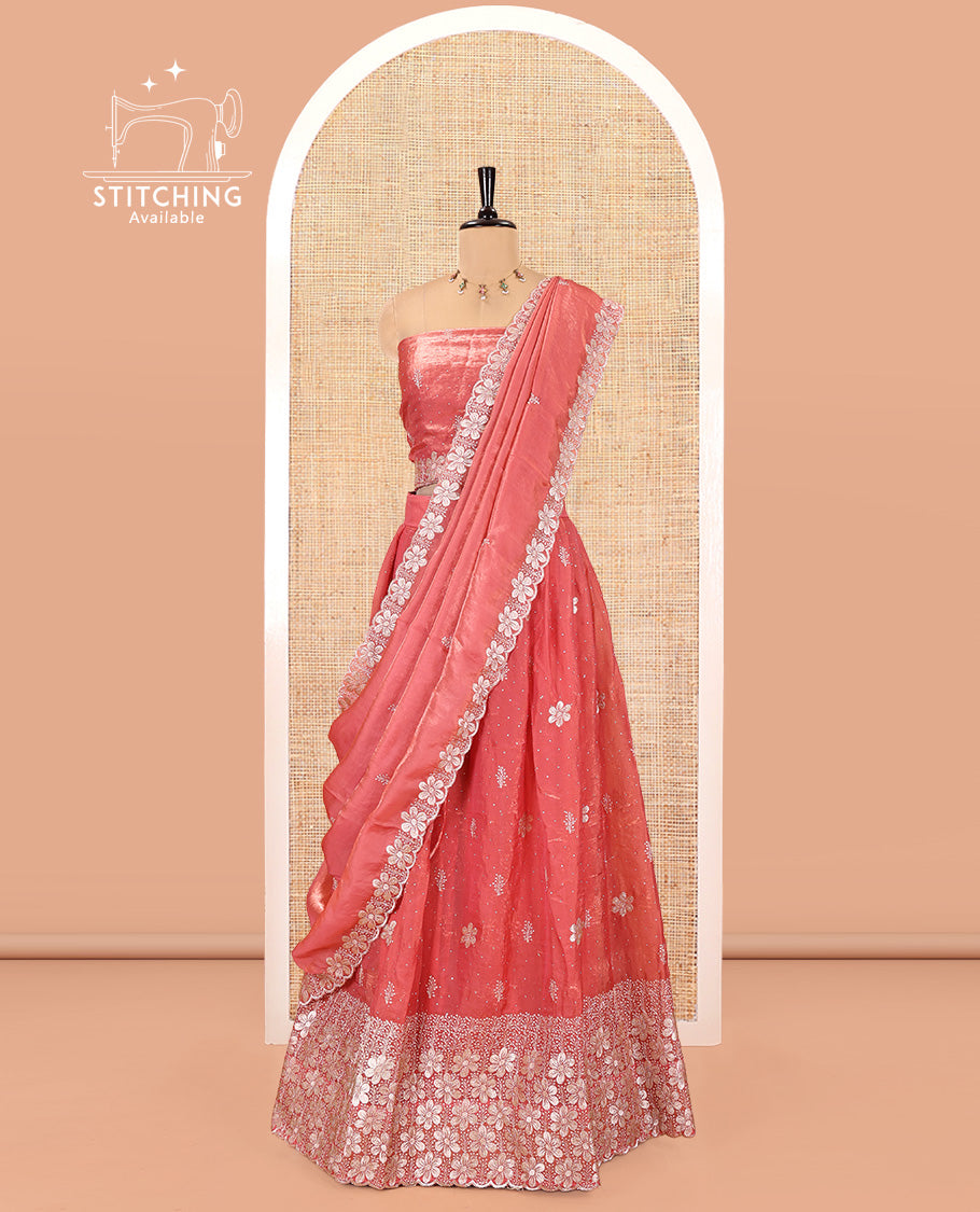 Peach Fendi Organza Half-Saree Set, Features Floral Embroidered Skirt, Matching Blouse, Embroidered Dupatta