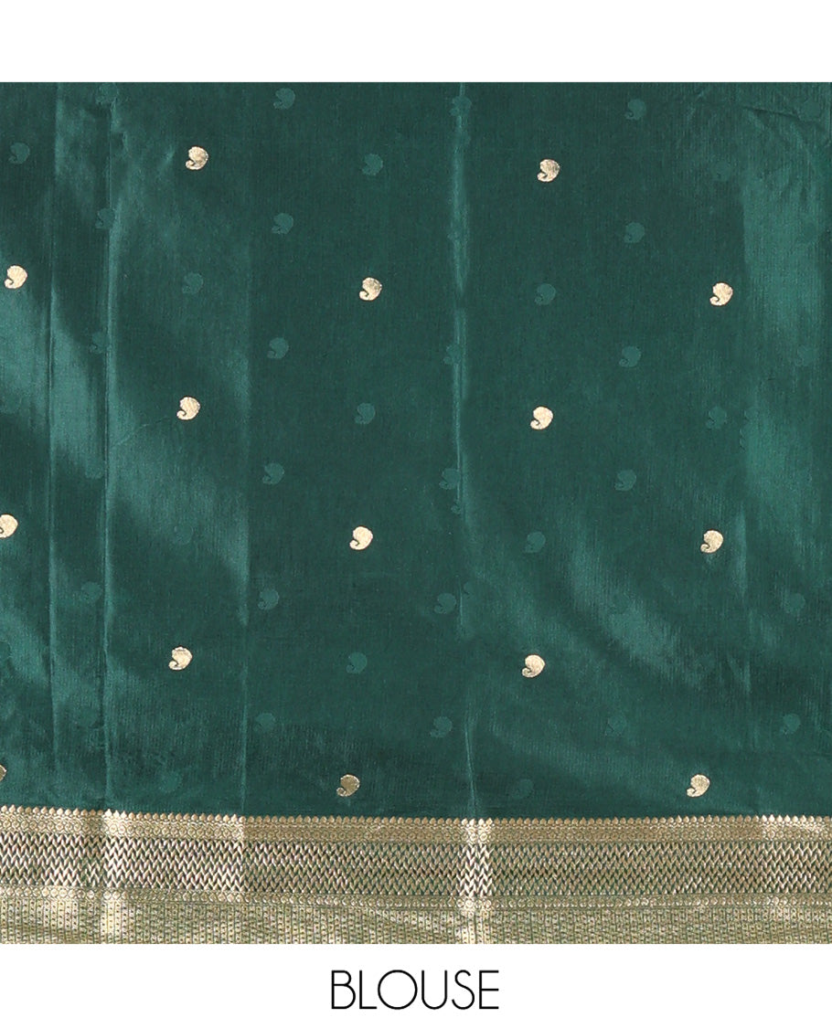 Green Satin Silk Saree, Enriched with Paisleys and Zari Checked Design on Its Body, Highlighted by Zari Traditional Design Border, Floral Jaal Pallu, and Paired with a Matching Blouse