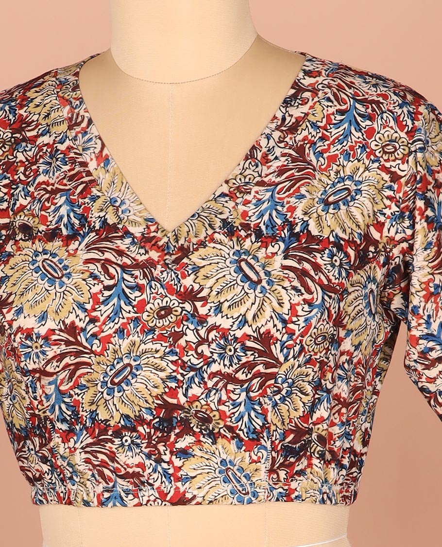 Multi-Color Readymade Blouse Mesmerized with Floral Prints, Featuring a Front V-Neck, a Back Closed Neck, and Full Sleeves