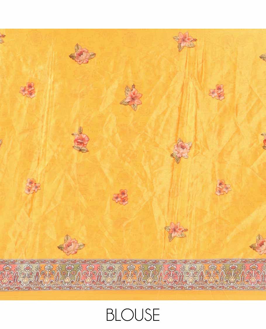 Yellow rose flower print & mirror work masakali saree, self-border & pallu of print & mirror work, floral printed blouse