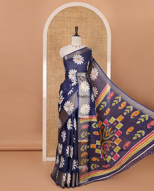 Navy blue zari striped & sunflower motifs printed dola silk saree, traditional zari border, ikkat printed pallu & printed blouse
