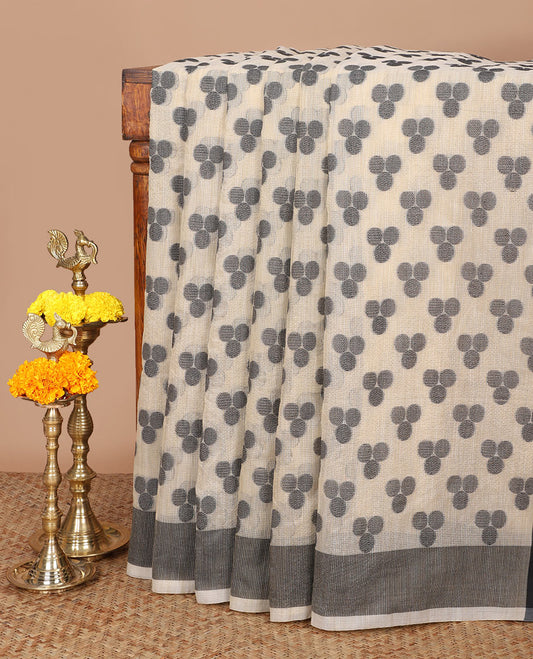Cream with black resam thread weaving design banaras kota saree with contrast bawanchi border & plain pallu along with plain blouse