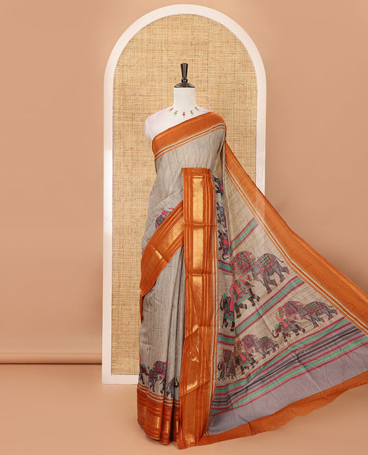 Grey with orange plain & elephant motifs printed soft-tussar saree, contrast zari border, pallu of elephant & geometric print & plain blouse