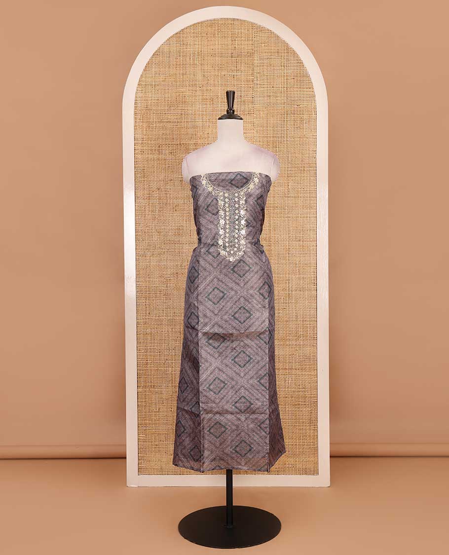 Grey and blue material chudidar set, geometric digital printed with neck embroidered Shimmer tissue top, santoon bottom, and floral printed Shimmer tissue dupatta