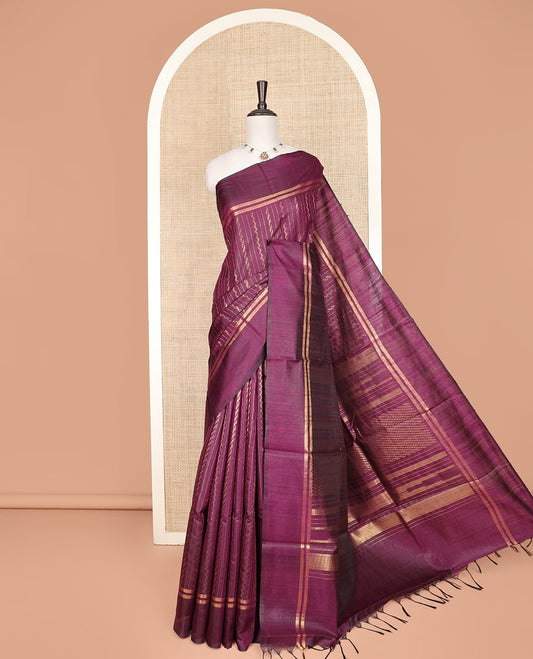 Purple Dupion Silk Saree, Masterfully Woven with Stripes All Over Its Body, Subtly Woven Zari Striped Border, Gleaming Pallu of Geometric Patterns, and Paired with a Matching Blouse