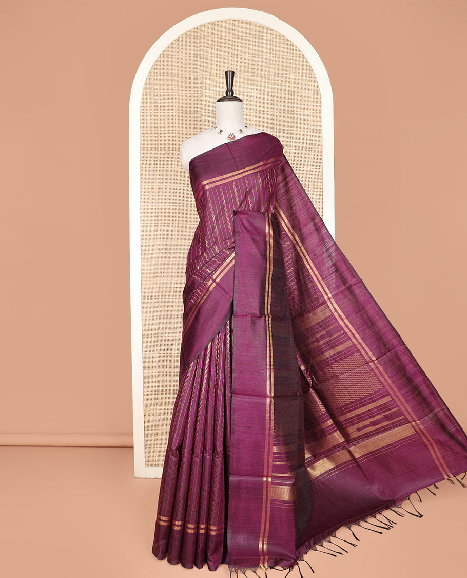 Purple Dupion Silk Saree, Masterfully Woven with Stripes All Over Its Body, Subtly Woven Zari Striped Border, Gleaming Pallu of Geometric Patterns, and Paired with a Matching Blouse