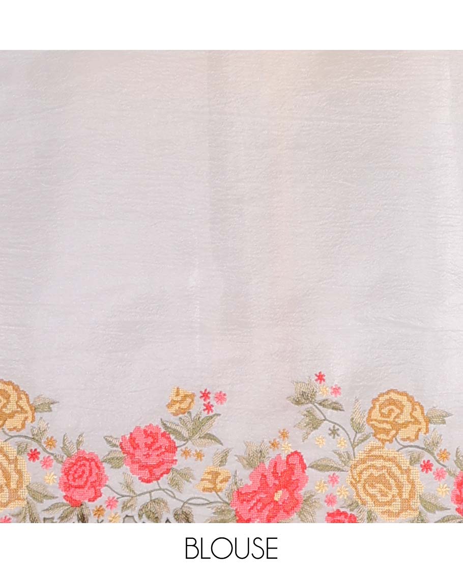 White crushed tissue saree with all over floral motifs & floral scallop border