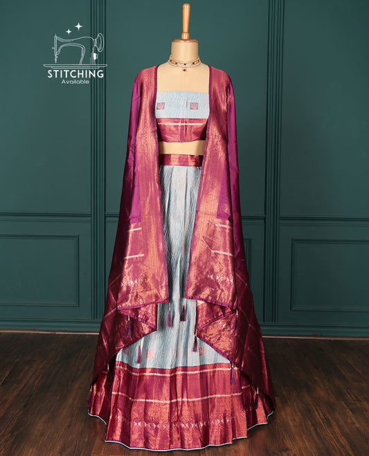 Blue jacquard art-silk half-saree,contrast zari design blouse, traditional design border & intricate dhavani