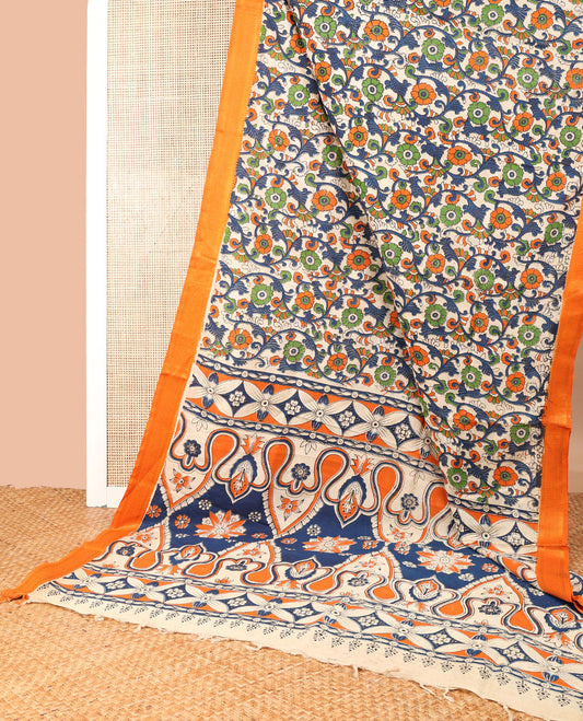 Cream floral vine design machine-printed kalamkari cotton saree with contrast zari design border & unique floral design pallu