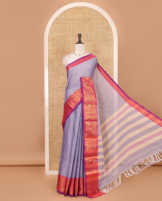 Lavender plain design mercerised cotton saree, contrast traditional peacock enclosed manga border, striped pallu & matching blouse