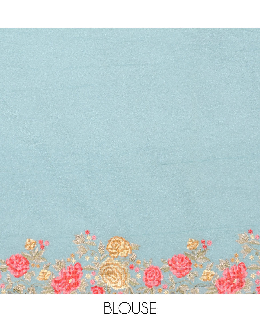 Yellow crushed tissue saree with scallop floral border & motif embroidery pallu