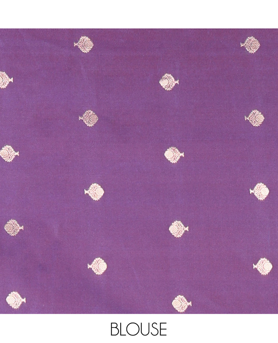 Onion Pink Elite Soft Silk Saree, Adorned with Zari Buttas All Over Its Body, Complemented by Contrast Temple Traditional Zari Border of Peacock-Rudraksham Motifs, Intricately Zari Woven Pallu and Paired with a Contrast Blouse