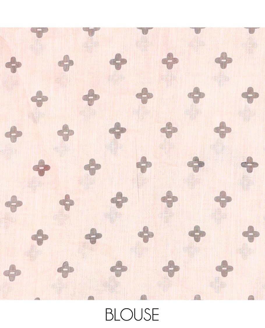 Cream Linen Cotton Saree, Steeped in the Richness of Nature-Themed Motifs Like Bird, Owl, and Tree, a Subtle Piping Border, Pallu of Tree Motifs, and Paired with a Matching Blouse