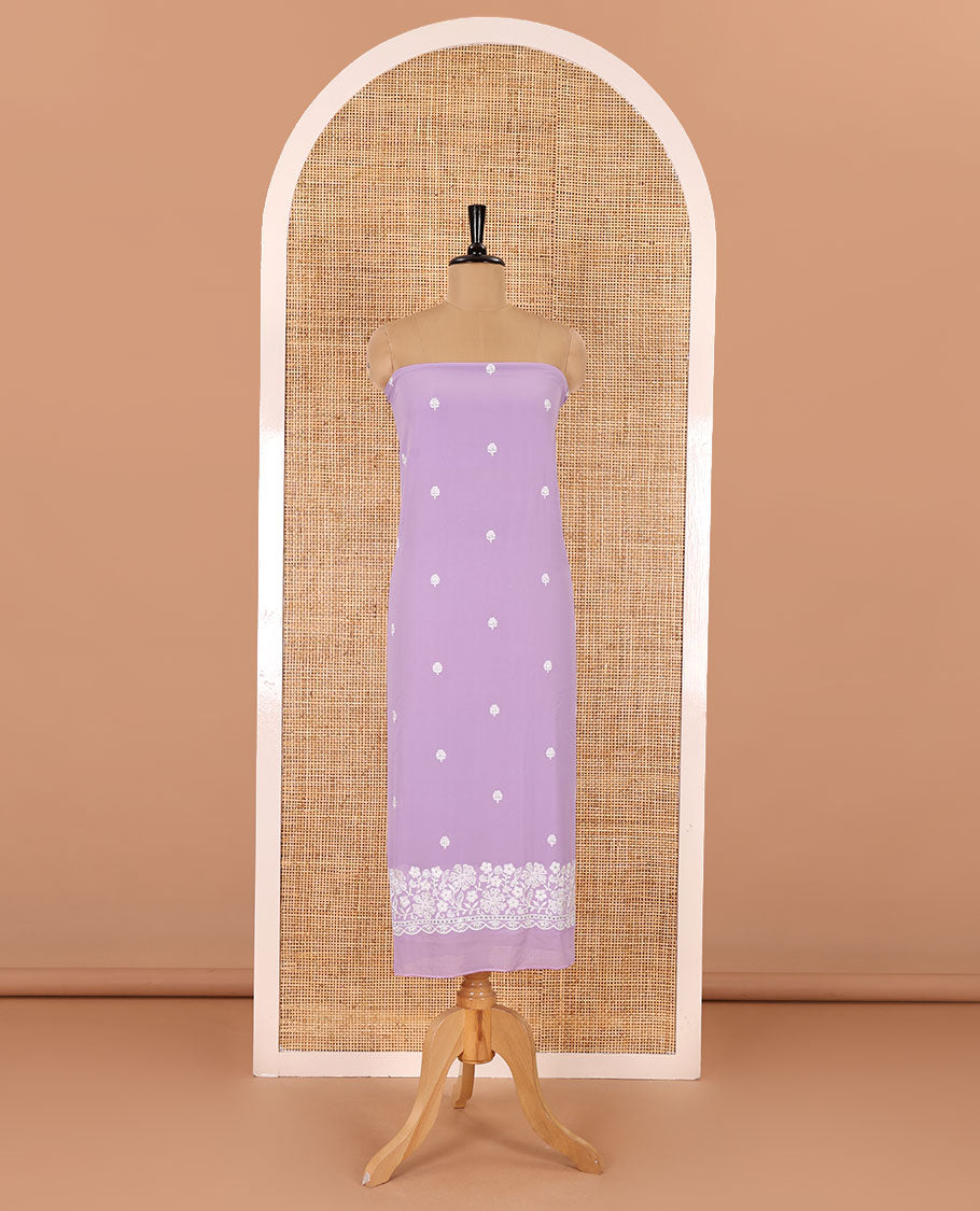Lavender material chudidar set, floral thread embroidered georgette top, plain bottom, and floral motifs embroidered scallop georgette dupatta