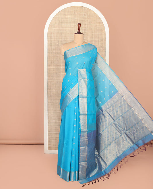 Blue Silk Cotton Saree, Adorned with Zari Buttas All Over Its Body, Highlighted by Zari Border, Diagonally Woven Pallu and Paired with a Matching Blouse