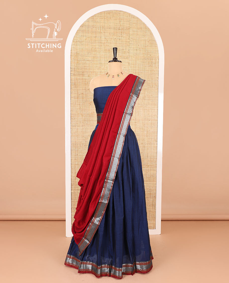 Navy blue half-saree, plain with contrast traditional zari border skirt, matching blouse and a contrast zari border dhavani