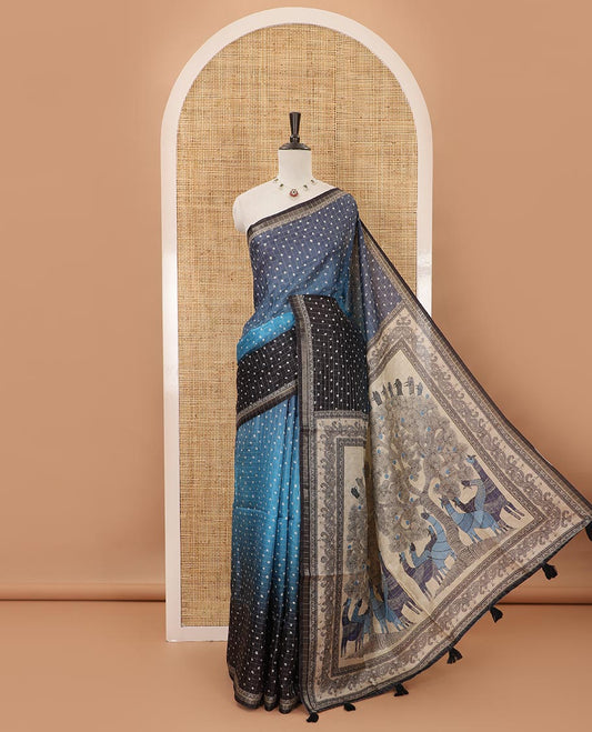 Multi-color ombre-style dyed bandhani dots print checked khadi tussar saree,piping printed border,flora-fauna printed pallu & contrast printed blouse
