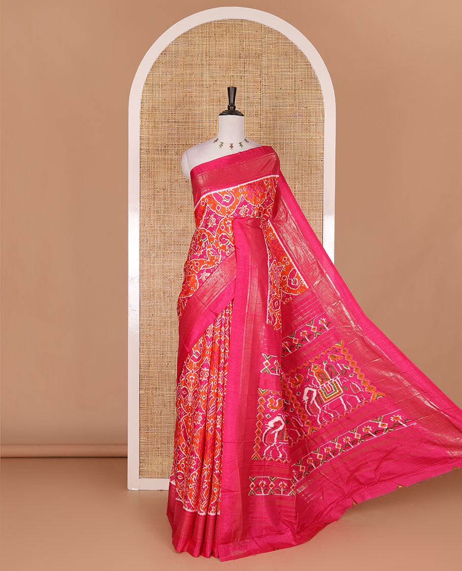 Orange pochampally style butterflies, and bird printed dola silk saree, contrast zari border, pallu of elephant palanquin, and contrast printed blouse