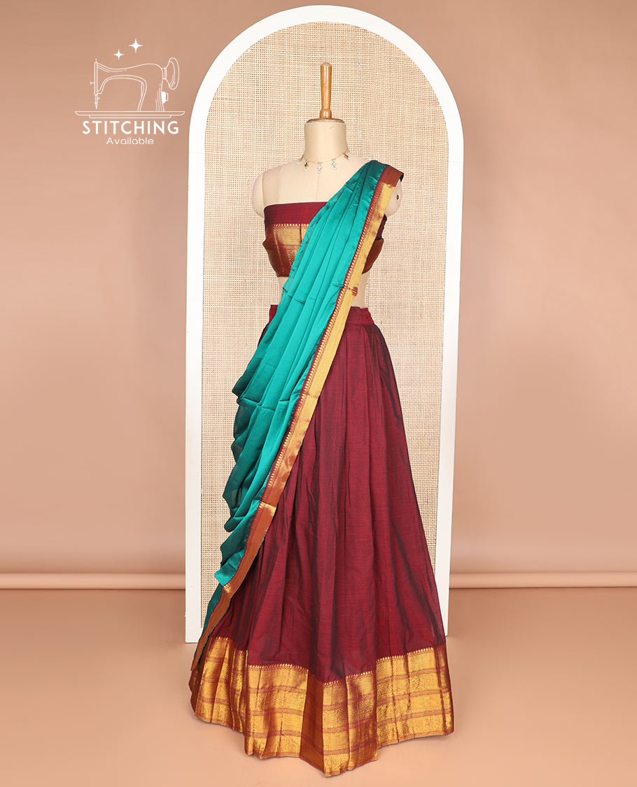 Maroon cotton half saree with contrast intricate zari design border, zari design blouse & zari design border dhavani