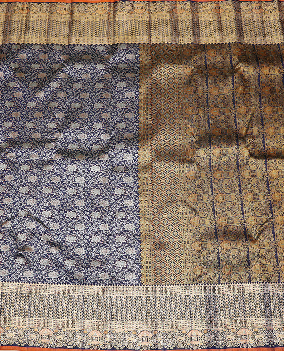 Blue floral jaal meenakari jacquard silk saree,rekku border of kodi visiry, yaanai & mayil & pallu steeped with yaanai & mayil on the palanquin motifs