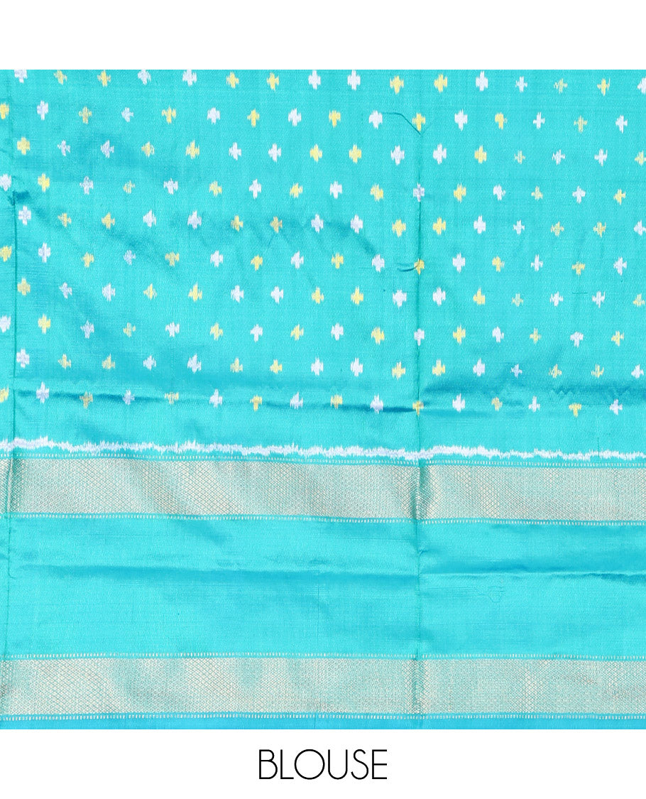 Multi-Color  Striped Pochampally Ikat Silk Saree, Complemented by a Contrast Temple Traditional Border, Ikat-Style Woven Pallu, and Contrast Blouse