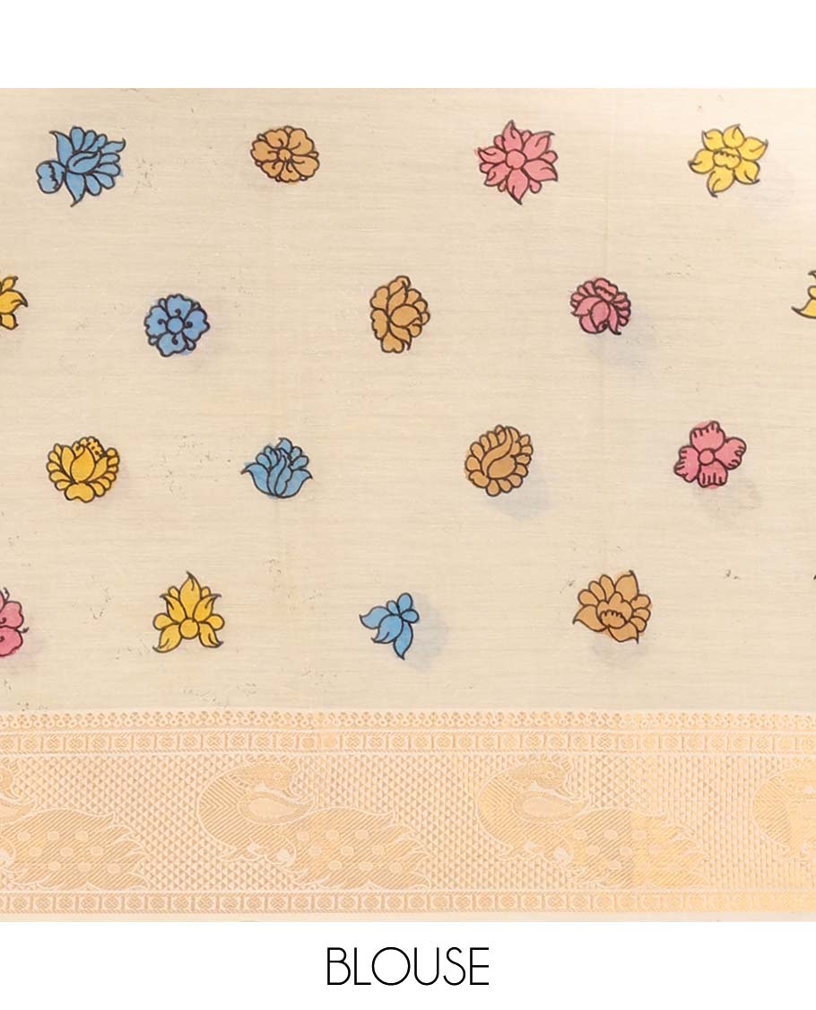 Blue floral,peacock design handpainted pen kalamkari silk saree with contrast zari border & pichwai style design pallu