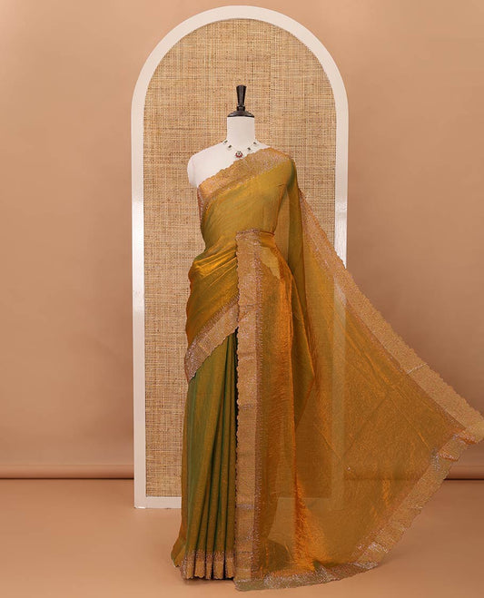 Gold plain fendy-chiffon saree, scallop Swarovski copper stone work border & contrast Swarovski copper stonework blouse