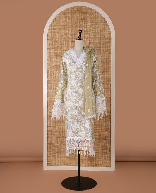 Yellow chudidar material set, floral embroidery with daman crochet lace work jam cotton top, white thread argyle design embroidery with lace work nazlin dupatta, unique motifs printed bottom