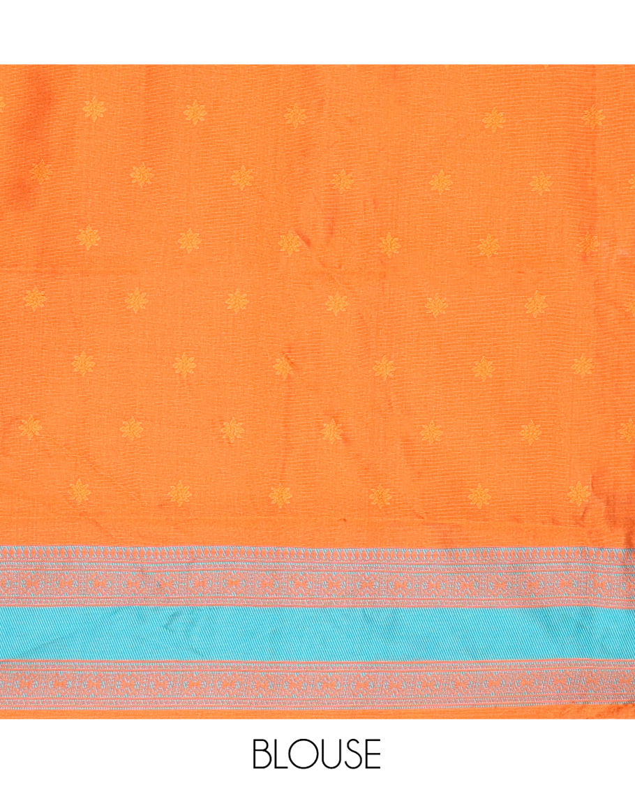 Rust Orange Kanchi Silk Saree, Woven with Floral Thread Buttas All Over Its Body, Complemented by a Contrast Border of Temple Traditional Motifs, Jaal Pallu, and Paired with a Matching Blouse