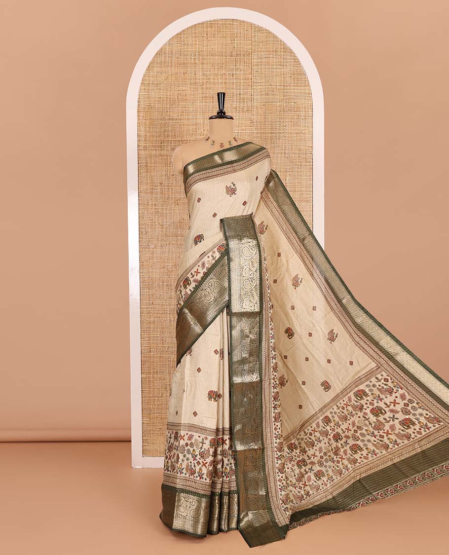 Chikku-mehendi green vertical striped, and animal motifs printed dola silk saree, contrast manga motifs zari border, animal motifs printed pallu, and a contrast printed blouse