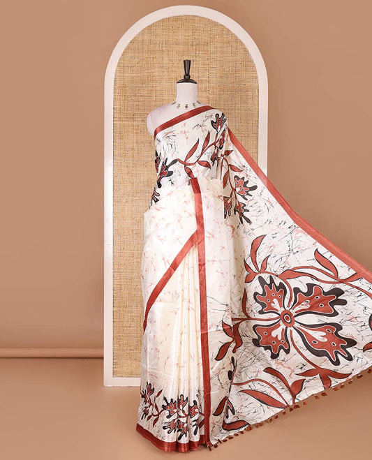 Half-white batik-style floral vine printed khadi cotton saree, contrast brown border, batik floral printed, and contrast flower motifs printed blouse