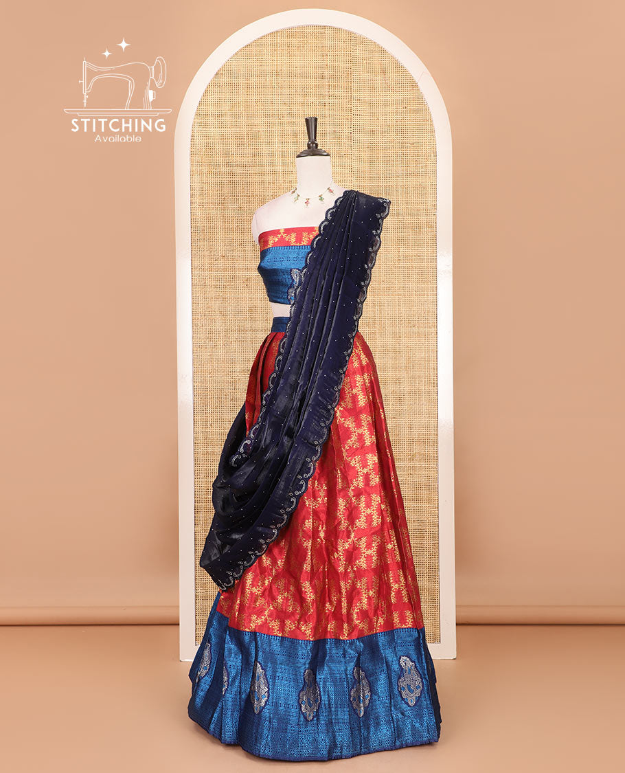 Gajari-navy blue half-saree, floral jaal jacquard banarasi skirt, contrast traditional zari stone work border,  matching blouse, and contrast scallop embroidered velvet organza dhavani