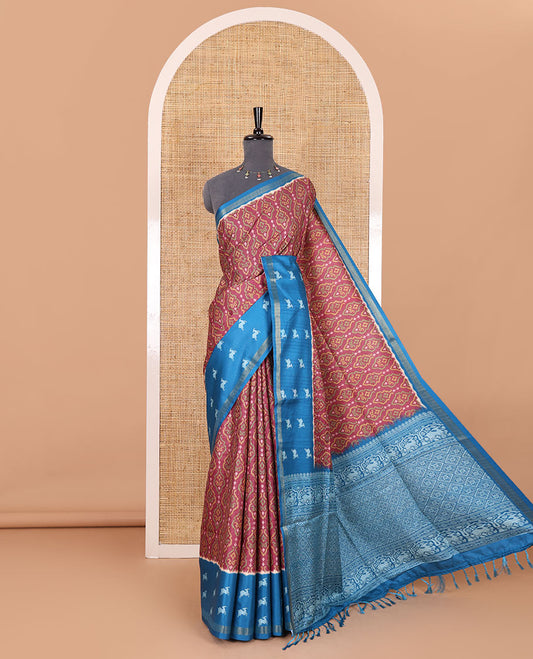 Purple Pochampally ikkat printed katan silk saree, contrast deer motifs printed zari border, jaal printed pallu, and contrast deer motifs printed blouse