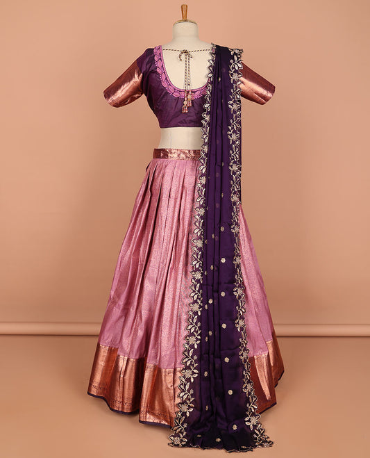 Red floral jacquard semi-stitched half saree with contrast zari border,  embroidered blouse & scallop border dhavani