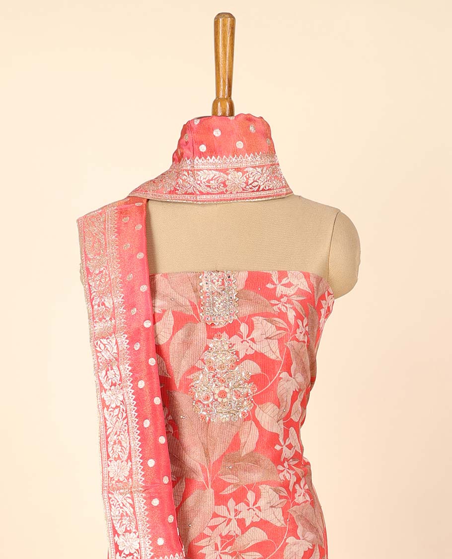 Red material chudidhar set, floral print & embroidered top, plain bottom & buttas dupatta