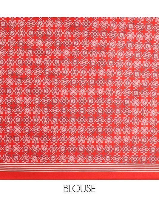 Cream with red vertical lining design modal satin saree with remple printed border & big circle design pallu along with printed blouse