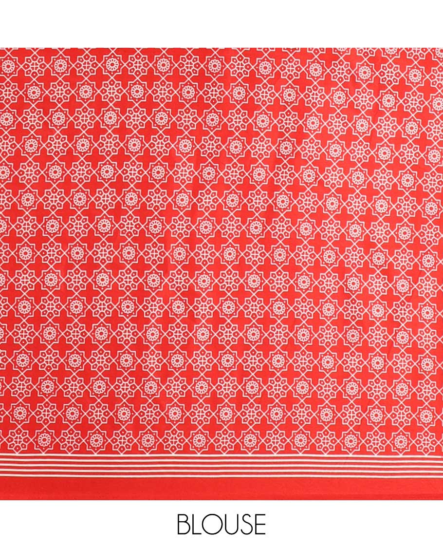 Cream with red vertical lining design modal satin saree with remple printed border & big circle design pallu along with printed blouse