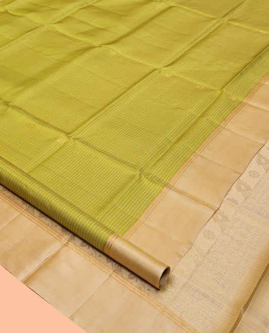 Green Mayuri Lite Silk Mix Saree, Subtly Sparkled With Stripes and Buttas, Complemented by Contrast Border, Pallu of Sparsely Woven Designs and a Contrast Blouse