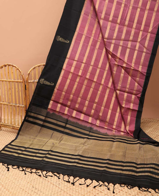 Onion pink striped soft silk saree with contrast leaf border & striped pallu