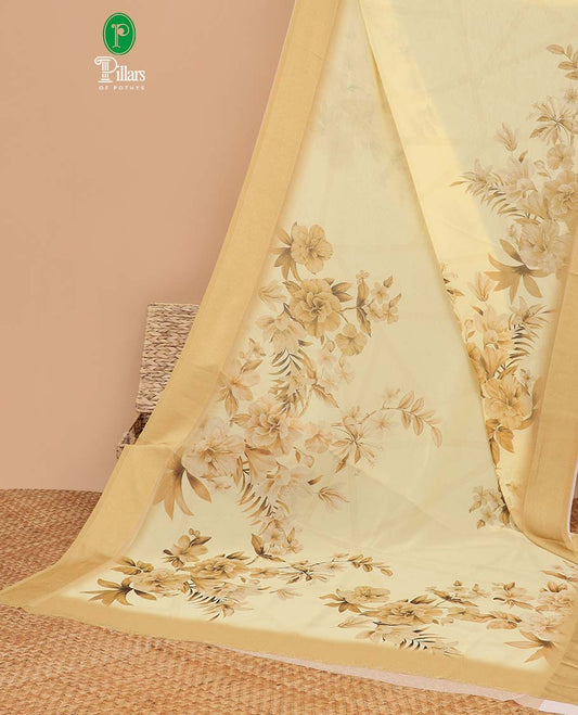 Yellow digital floral print georgette saree with satin border & self pallu